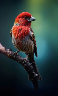 a red and gray bird sitting on top of a tree branch with blurry background