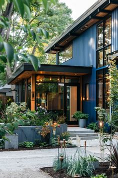 a blue house surrounded by trees and plants