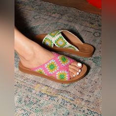 Fun And Creative Yet Super Comfy Casual Beach Sandals With Crochet Trim, Summer Vacation Sandals With Crochet Trim, Casual Sandals With Crochet Trim For Beach, Casual Crochet Trim Sandals For Beach, Casual Spring Sandals With Crochet Trim, Casual Open Toe Sandals With Crochet Trim, Wild Diva Shoes, White Green, Flat Sandals