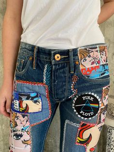 "Ready to send:size- 28 unique vintage jeans one of a kind.. hand made embroidery and unique patches. ---Or---- Made to order, in any size, within 12 working days . If you need different size, please send me a message and I will make you a special and unique design within 12 working days. They are all different! No one will have the same one as you have! Hand painted, one of kind jeans. You pick your size, model (slime- boyfriend- high waist- low waist) and primer color and you will get your sin T Shirt Upcycle, Jeans Custom, Patched Denim Jeans, Painted Clothes Diy, Sewing Jeans, Lace Jeans, Denim Embroidery, 90s Jeans, Jeans High Waist