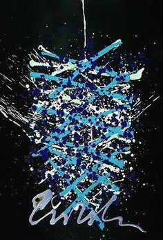 an abstract painting with blue and white paint splattered on the black background,