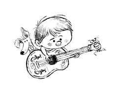 a drawing of a boy with a guitar and a dog on his back, playing the ukulele