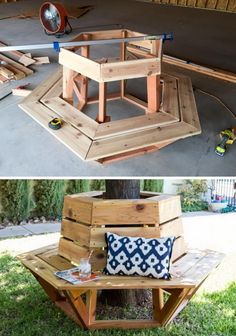 a bench made out of wooden pallets and some other things on the ground in front of