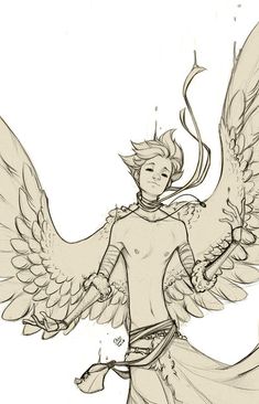 a drawing of an angel with wings on it's back and arms, standing in front of a white background