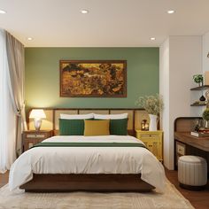 a bedroom with green walls, white bedding and a painting hanging above the bed