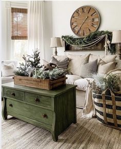 a living room filled with furniture and a large clock on the wall