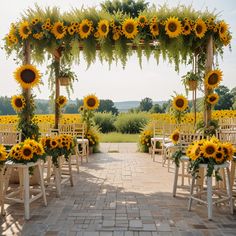 an outdoor wedding setup with sunflowers and greenery on the arbor, surrounded by chairs