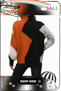 Orange Color Block Crew Neck Knit Pullover Sweater Color Block Long Sleeve Acrylic Outerwear, Long Sleeve Color Block Acrylic Outerwear, Knit Color Block Outerwear For Fall, Casual Orange Winter Sweater, Winter Color Block Acrylic Outerwear, Fall Color Block Acrylic Cardigan, Acrylic Turtleneck Sweater, Trendy Acrylic Tops For Cold Weather, Trendy Orange Sweater For Layering