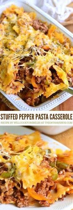 two pictures of stuffed pepper pasta casserole with cheese and ground beef on top