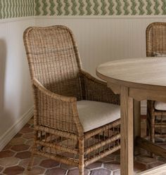 two wicker chairs and a table in a room