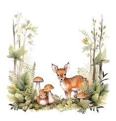 an image of a deer and her babies in the forest with mushrooms on the ground