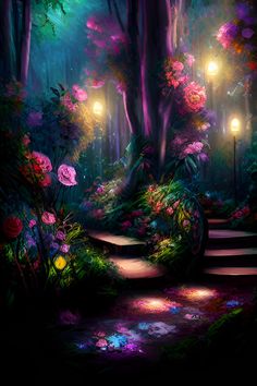 a painting of a path in the woods with flowers and lights on it, surrounded by greenery