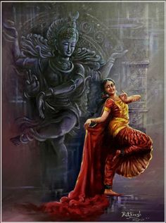 a painting of a woman dancing in front of a statue