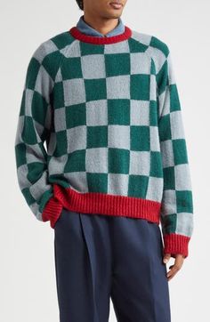 A bold check pattern framed in bright ribbing makes an easy go-to of a sweater that's knit with soft mohair and sized to slouch like a well-loved favorite. 26 1/2" length (size Medium) Crewneck Long sleeves Ribbed cuffs and hem 40% acrylic, 30% mohair, 30% nylon Hand wash, dry flat Made in Portugal Designer Clothing Easy Going, Check Pattern, Crewneck Sweater, Crew Neck Sweater, Surfboard, Stockholm, Sweater Top, Designer Clothing, Blue Green