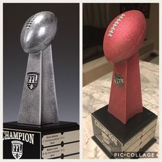 two different views of a football trophy, one with a ball on it and the other with a book