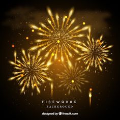 fireworks on black background with yellow lights and sparkles in the dark sky, illustration