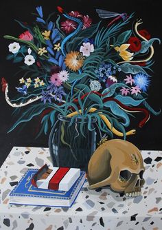 a painting of flowers in a vase and a skull on a table