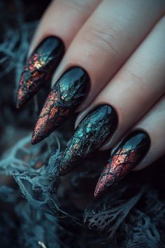 Gothic Pedicure Ideas, Dystopian Nails, Dark Love Nails, Gothic Stiletto Nails Designs, Black Magic Nails, Gothic Cathedral Nails, Gothic Acrylic Nail Designs, 90s Nails Designs, Witchy Nails Stiletto