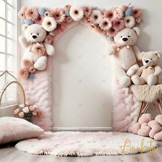 teddy bears are hanging on the wall in front of an arch with flowers and leaves