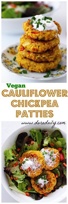 some food is stacked on top of each other in this collage with the words cauliflower chickpea patties