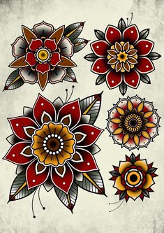 four different colored flowers with leaves on them, one is red and the other is yellow