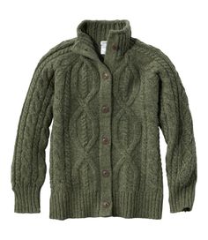 Truly timeless, this mockneck cardigan features a blend of marled yarns specially selected for its exceptional warmth, plush feel and easy care. Falls at hip. Slightly Fitted: Softly shapes the body. Soft blend of 50% wool, 40% nylon and 10% alpaca wool. Machine wash, dry flat. Button-front placket. Fisherman-inspired style with traditional cables and ribbed trim. Imported. Fit: Slightly Fitted | Women's 1912 Heritage Wool Blend Mockneck Cardigan Sweater, Wool/Nylon Olive Sweater, Wool Sweaters Womens, Style Guru, Winter Capsule, Modern Quilting, Sweater Wool, Character Profile, Chill Outfits, Kids Outerwear