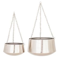 two metal hanging pots with chains attached to them