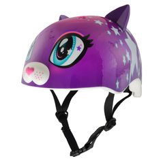 a purple helmet with a cat's face painted on the side and stars around it