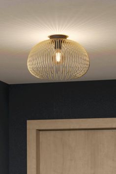 a light that is on the ceiling in a room with black walls and wooden doors