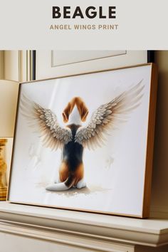 an animal with wings on it is sitting in front of a painting and the words beagle angel wings print