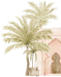 a drawing of a palm tree in front of a pink building with an arched doorway