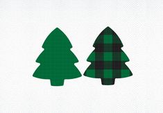 two green christmas trees with black and white plaid on them, one in the shape of a tree