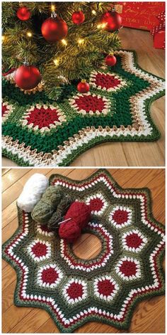 crocheted christmas tree skirt with ornaments on the floor