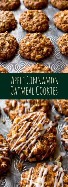 apple cinnamon oatmeal cookies with white icing on a baking sheet and green background