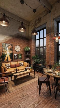 a living room filled with lots of furniture next to large windows on top of a wooden floor