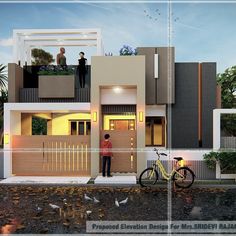 a man standing in front of a two story house with a bicycle parked next to it