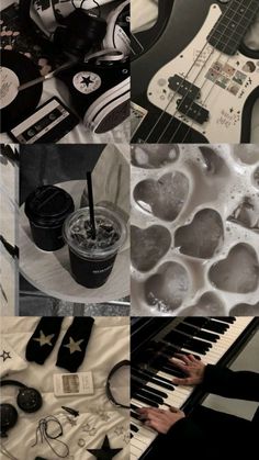 a collage of photos with various items on top of each other, including an electric guitar