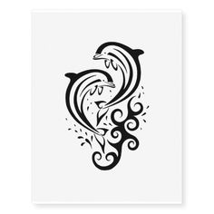 a black and white drawing of two dolphins with swirls in the water on a white background