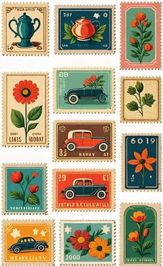 stamps with flowers and cars on them