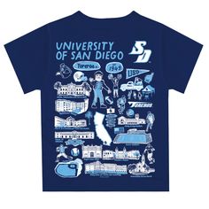 Let your kiddo look cool in his new Vive La Fete Impressions hand sketched artwork boys tee shirt. Let him play, go to the game, and cheer loudly and proudly with his University of San Diego Toreros gear by Vive La Fete.Celebrate and cheer on game day with our classic design University of San Diego Toreros Short Overstitched Crew Neck Sleeve Top. Officially Licensed product sold by Vive La Fete.This awesome graphics, fun and game day crew neck t-shirt features officially licensed University of S Blue School Tops With Character Print, Blue Character Print School Tops, Blue Character Print Tops For School, Blue Character Print Shirt For Streetwear, Blue Graphic Print Shirt For School, Casual Blue T-shirt With Custom Artwork, Blue Cotton Tops With Custom Artwork, University Of San Diego, Design University