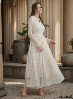 Olivia Mark - Chic Leisure Wear Lace-Trimmed Off-the-Shoulder Dress Long Sleeve Evening Gowns, Types Of Skirts, Lapel Collar, Quarter Sleeve, Types Of Collars, Leisure Wear, A Line Skirt, Sleeve Type, A Line Skirts