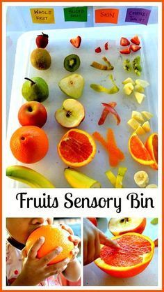 an orange is being cut into pieces with the words fruits sensory bin in front of it