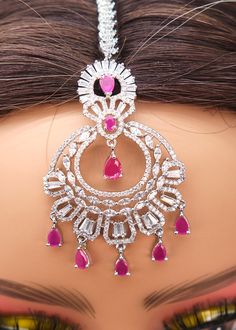 This beautiful CZ maang tikka embodies the traditions and essence of our festivals! It is an ideal accessory to pair with your festive and traditional wear to add a touch of sparkle to your style! Earrings length: Approx. 2.5" Weight of each earring: 14 gms Push-Back Closure. Tikka length: Same as Earrings Weight: 18 gms Rhodium on high-quality brass as the base metal In-stock & ready-to-ship Color may vary slightly due to light condition & photography. Chandler Earrings, American Diamond Earrings, Maang Tikka Set, Mang Tikka, Earrings Moon, We Are Festival, Maang Tikka, Earrings Big, Traditional Wear