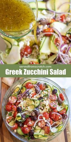 greek salad with cucumbers, tomatoes and olives in a glass bowl on a cutting board