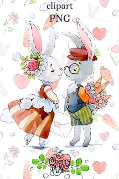 two rabbits are standing next to each other with flowers on their heads and one is holding a