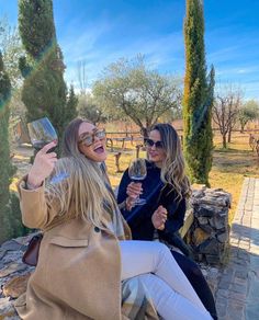 two women sitting on a stone bench drinking wine and smiling at the camera while another woman holds up a glass of wine