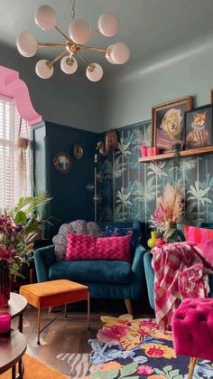 a living room filled with colorful furniture and decor