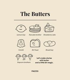 an advertisement for the butters, which features different types of bread and other foods