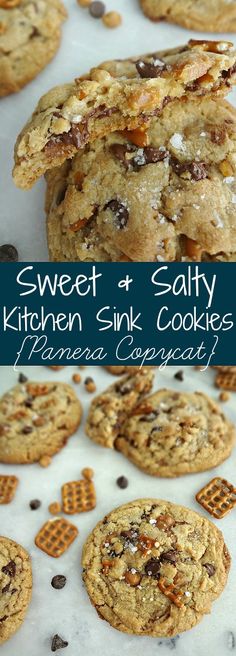 cookies with chocolate chips and salt on top are sitting next to each other in front of the words sweet 4 salty kitchen sink cookies