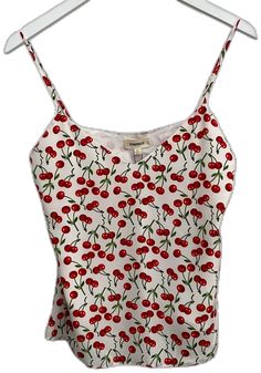 White Summer Tops With Cherry Print, Fitted Sleeveless Cherry Print Tops, White Fitted Camisole For Summer, Fitted Sleeveless Top With Cherry Print, Sleeveless Cherry Print Top For Summer, Summer Sleeveless Top With Cherry Print, Sleeveless Top With Cherry Print For Summer, Fitted Red Summer Camisole, Fitted Red Camisole For Summer